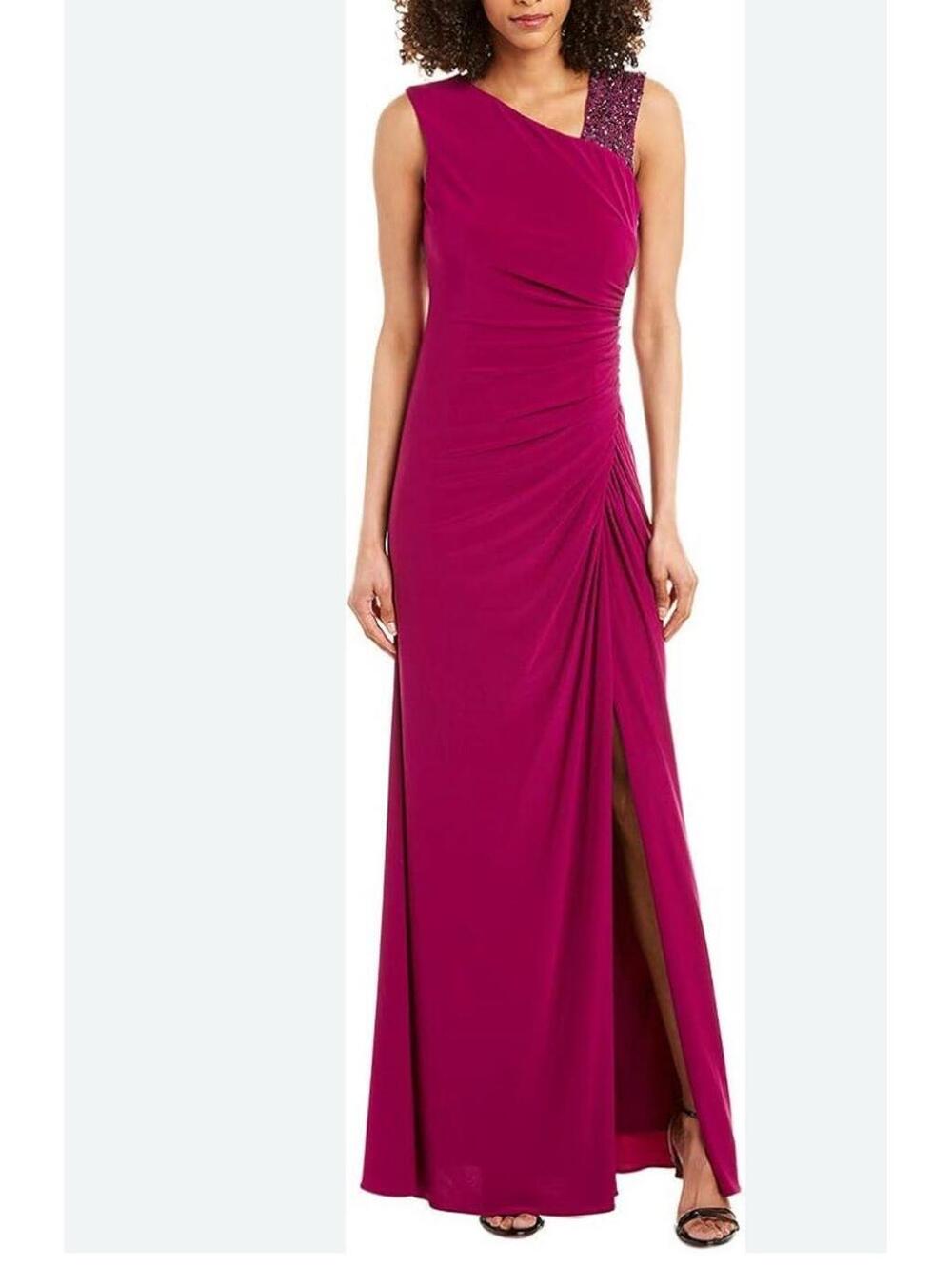 Adrianna Papell Asymmetrical Neck Ruched Burgundy Gown Embellished sz 4 Jersey